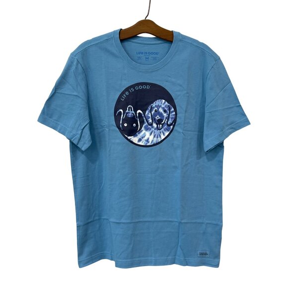Life Is Good Tie Dye Yin Yang Pup Crusher Tee Men M Blue Dog Graphic T Shirt NEW - Picture 1 of 6